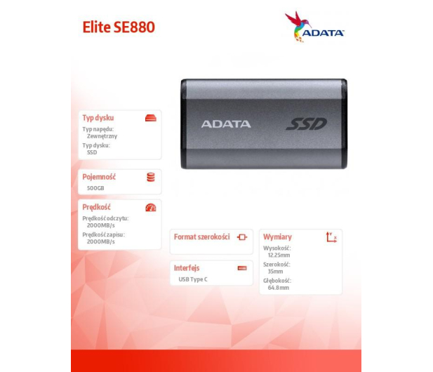 ADATA Dysk SSD External SE880 500G USB3.2A/C Gen2x2 Szary - 1075114 - zdjęcie 9